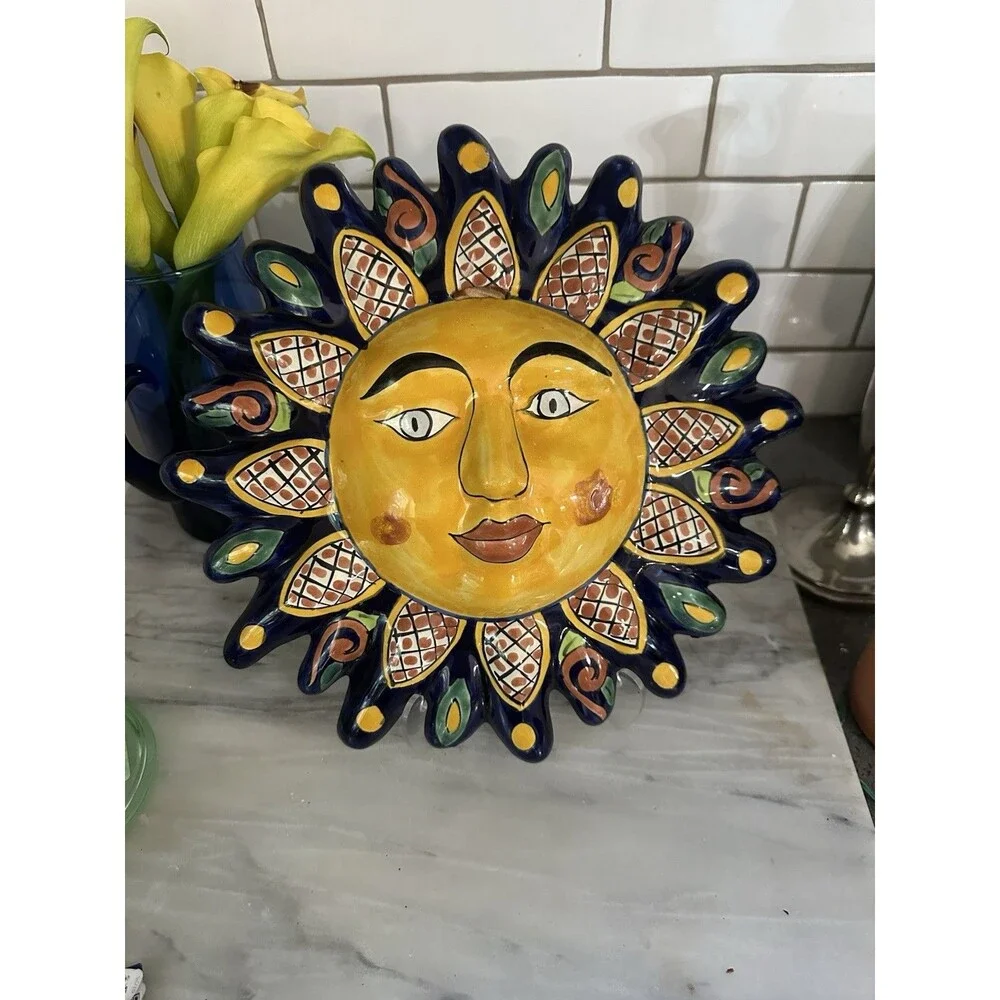 Talavera Style Sun Face Wall Art Hand Painted Ceramic Floral 12” Mexico Folk Art
